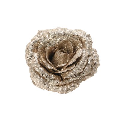 18cm Glittered Rose w/Clip - CHAMPAGNE