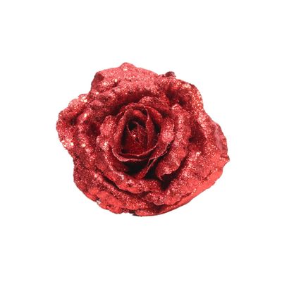 18cm Glittered Rose w/Clip - RED