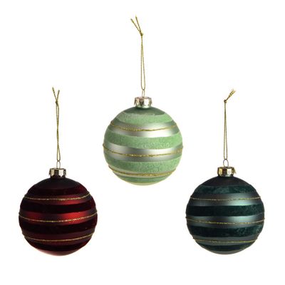 Bauble Stripes Glitter Glass 3Ast