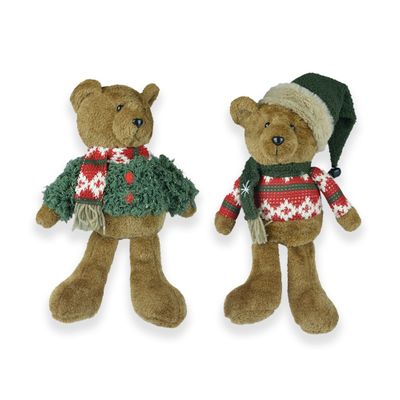 Teddy bear in jumper and scarf 2 asst red or green 24cm