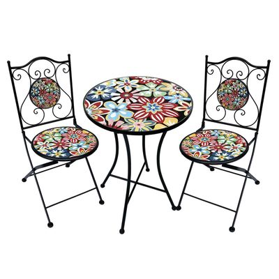 Metal Bistro Table Set Multi Floral Design - 2 Chairs -Dia 60 - H75cm