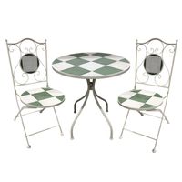 Metal Bistro Table Set - Mosaic Design-2 Chairs - Green/Natural - Dia 60-H75cm