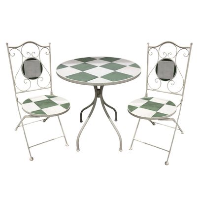 Metal Bistro Table Set - Mosaic Design-2 Chairs - Green/Natural - Dia 60-H75cm