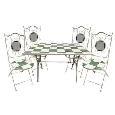 Metal Rectangular Mosaic Table  Set - 4 Chairs - Green/ Natural -120x80x75cm