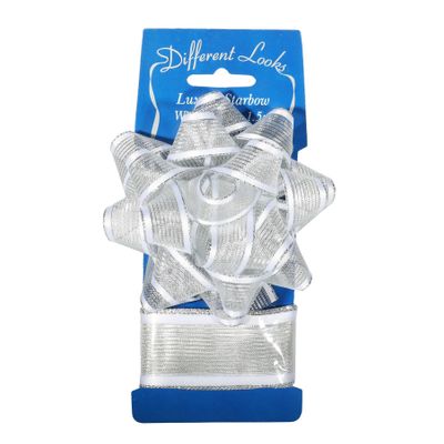 Silver/White Text Bow W/Wire on Card