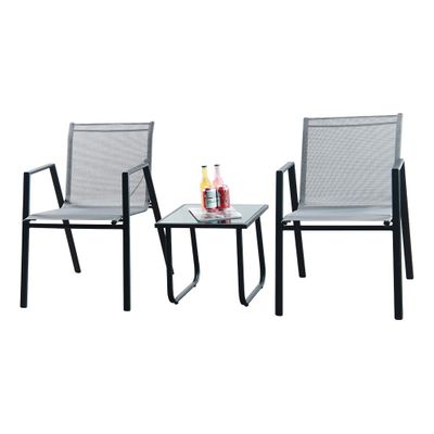 3 Pce Essential Coffee Set Black & Grey Chair:54x64x82cm Table:44x44x41cm