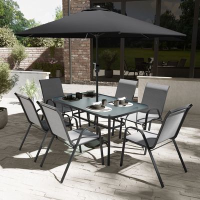 8Pce Dining set with 2.7m Parasol Black & Grey. Tble:150x90cm Chair:54x70x90cm