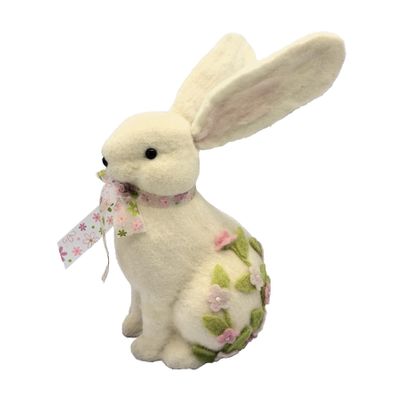 Rabbit Sitting with flowers and bow 17x17x34cm