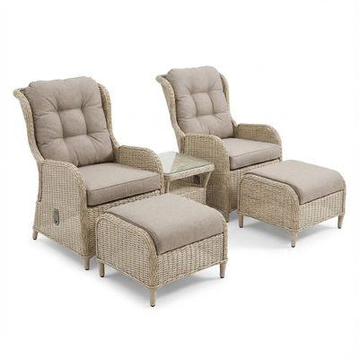 Recliner Outdoor Chair and Table Set - Rattan -  2 chairs, 2 footstools & table