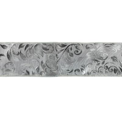 2.5" X 10Y Double Wired Silver Leaves Satin Ribbon Garland