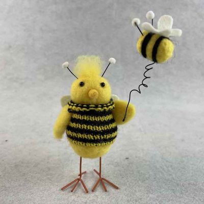 Felt Chick with stripy jumper holding a Bee 7x5x15cm