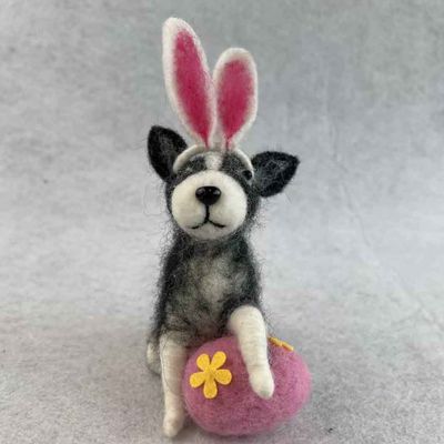 Felt Black and white Dog with Bunny Ears and egg 9x5x13.5cm