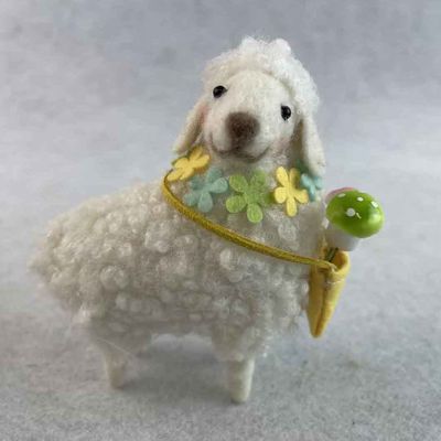 Felt Sheep with flower garland and bag 10x5x12cm