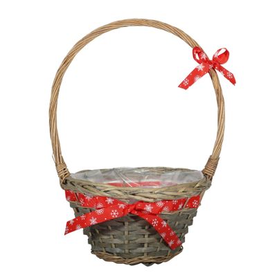 25cm Basket w/Handle with Red Snowflake Ribbon Bows