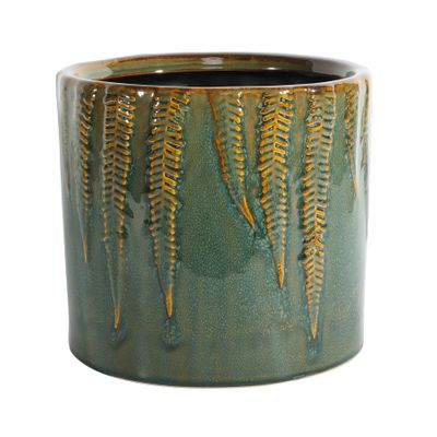 Hortus Albany Reactive Glaze Pot - Green With Fern Print - Dia21x H19cm