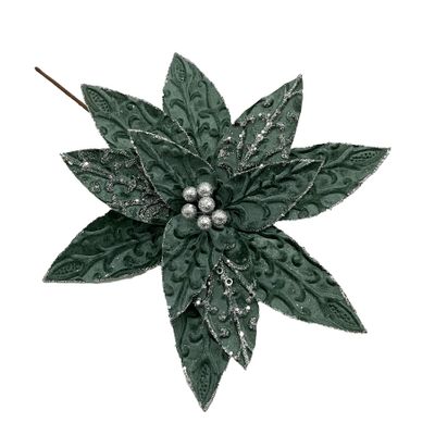 Embossed Poinsettia Pick with Silver Berry Detail - Dark Green - 33cm
