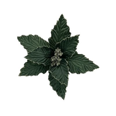 Embossed Poinsettia Pick with Gold Detail - Dark Green - 28cm