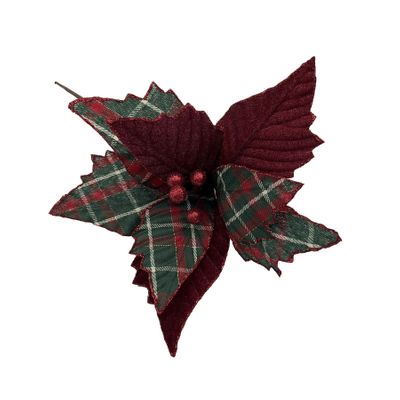 Poinsettia Pick with Tartan Pattern & Red Leaves - 26cm