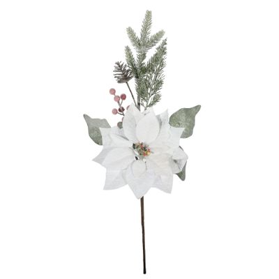 Frosted Poinsettia with Berries /Cone / Foliage - Spray - White - H60 x 25cm