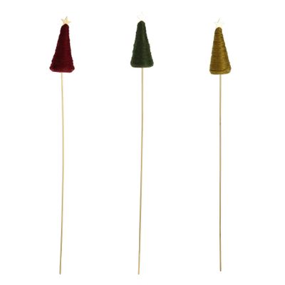 12cm Wool Tree with Star on 50cm Stick - x4Green x4Gold x4Burgundy - Box of 12