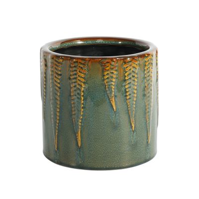 Hortus Albany Reactive Glaze Pot Green with Fern Print - Dia14.5 x H13.5cm