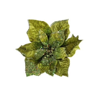 Velvet Poinsettia with Clip - Green - 25cm