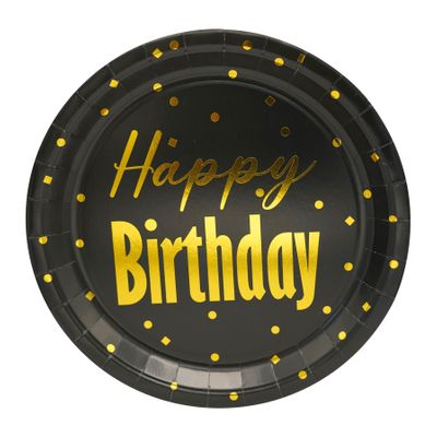 Happy Birthday Black and Gold Paper Plates - 9 Inch - 8pk