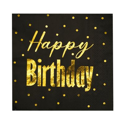 Happy Birthday Black and Gold Paper Napkins - 20pk