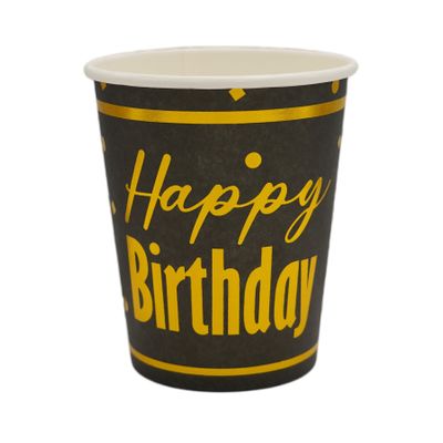 Happy Birthday Black and Gold Paper Cups - 8pk