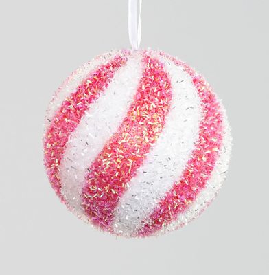 12cm Swirl Tinsel Ball Pink/White