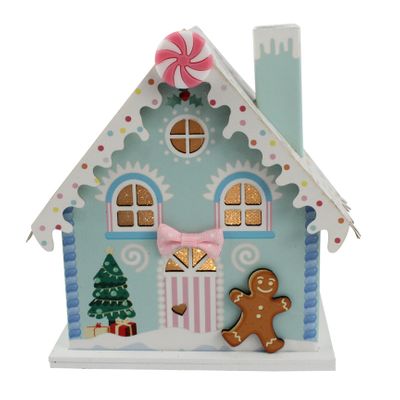 Light up house Blue with Striped Door (2xAAA Batteries not included) 13x9x15cm