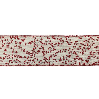 2.5" X 10Y Double Wired Red Shiny Berry on Natural Ribbon Garland