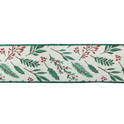 2.5" X 10Y Double Wired Red Berry With Leaves Ribbon Garland